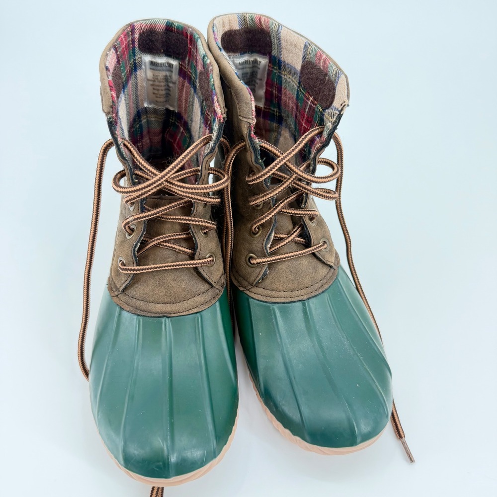Marleylilly Duck Boots Green Brown Plaid Lined Lace Up Rain Boots Womens 7